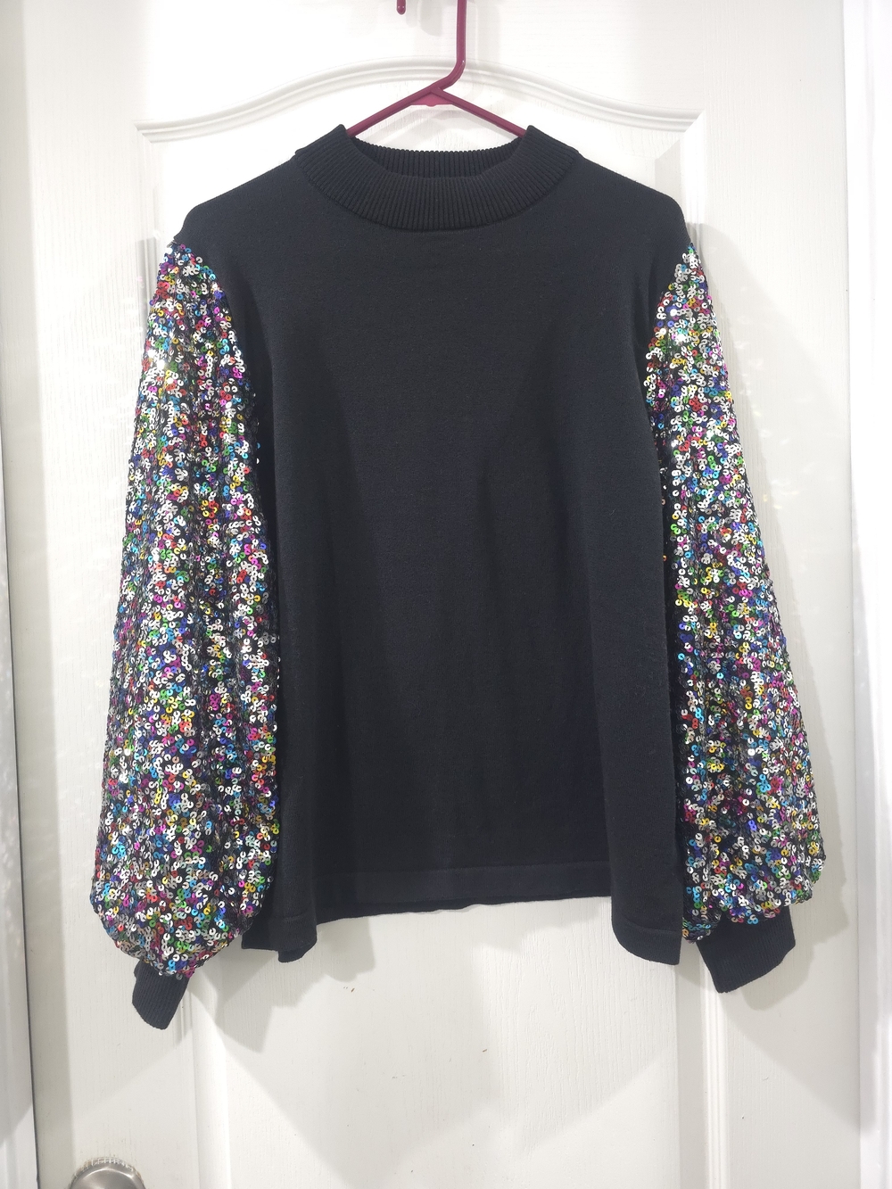 Black Sweatshirt with Multicolor Sequin Balloon Sleeves